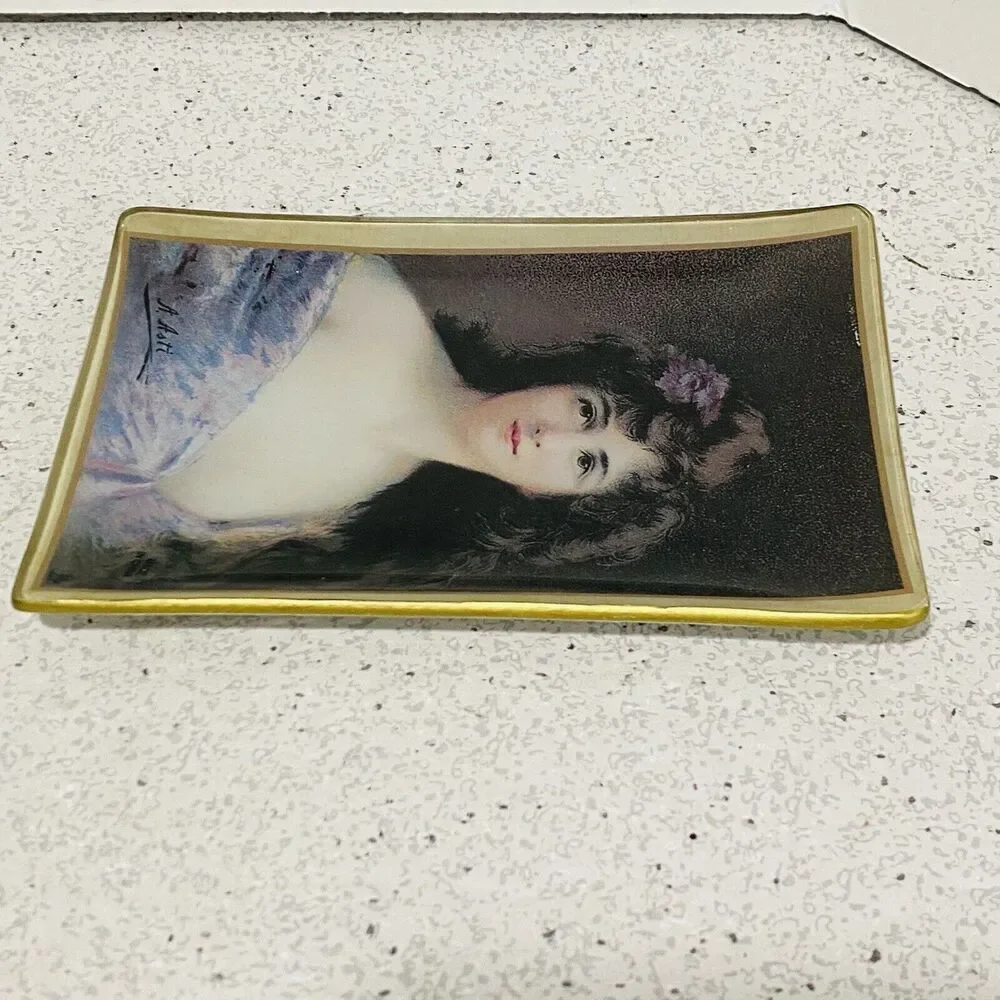 Asti Glass Pin Vanity Ring Dish Small Tray Edwardian Victorian Woman Portrait